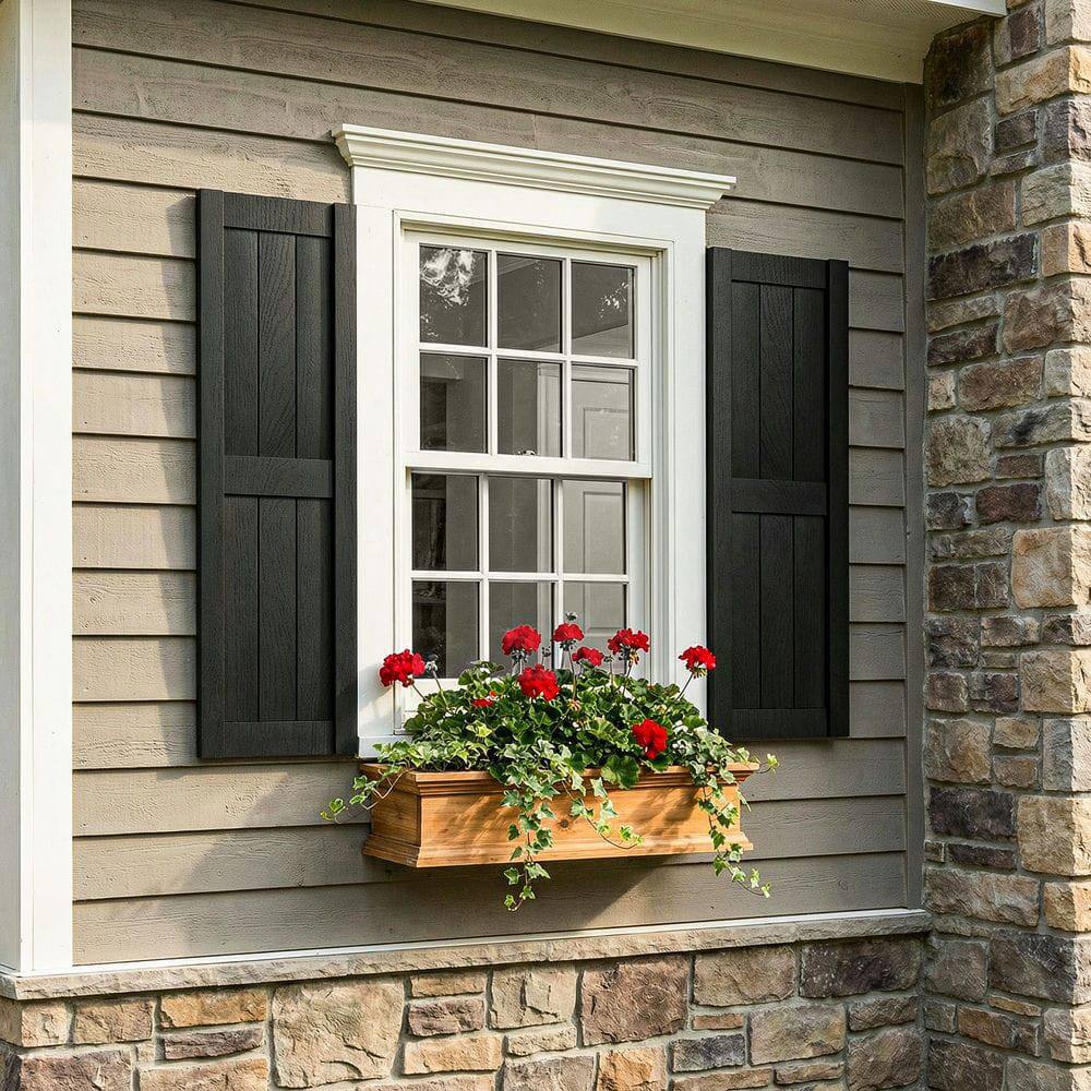 Left. Kadyn - Vertical Grain Faux Shutters, Weather-Resistant Elegance, for Enhanced Curb Appeal, 14"x31", Black - Black.