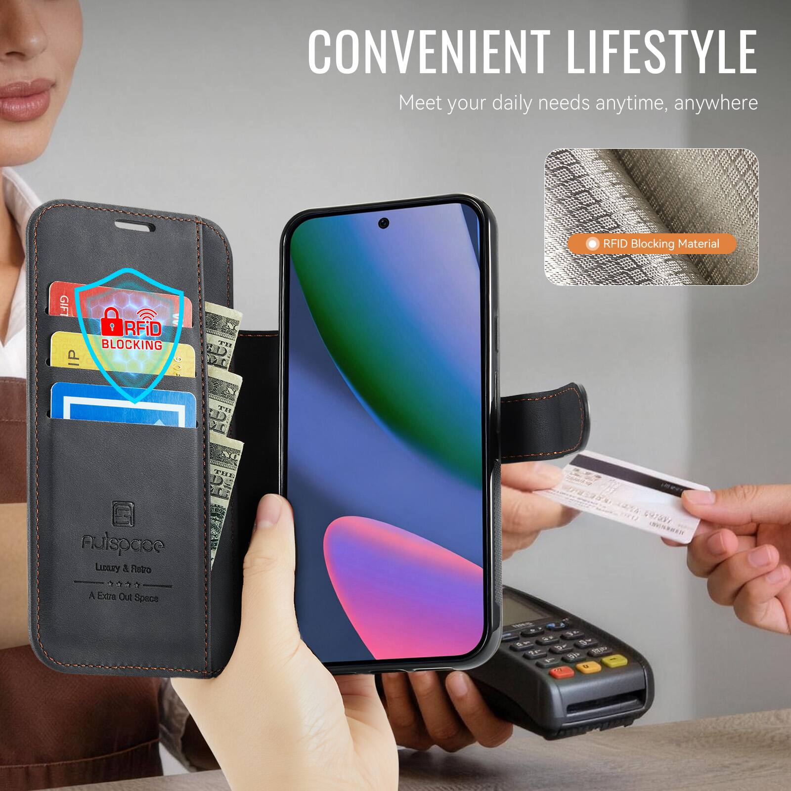 CONVENIENT LIFESTYLE  
Meet your daily needs anytime, anywhere

RFID Blocking Material

RFID BLOCKING

THE

Lumay B Retro .... A Extra Ou Spece

VOTAMI

ms e 9 E 7g- or 0