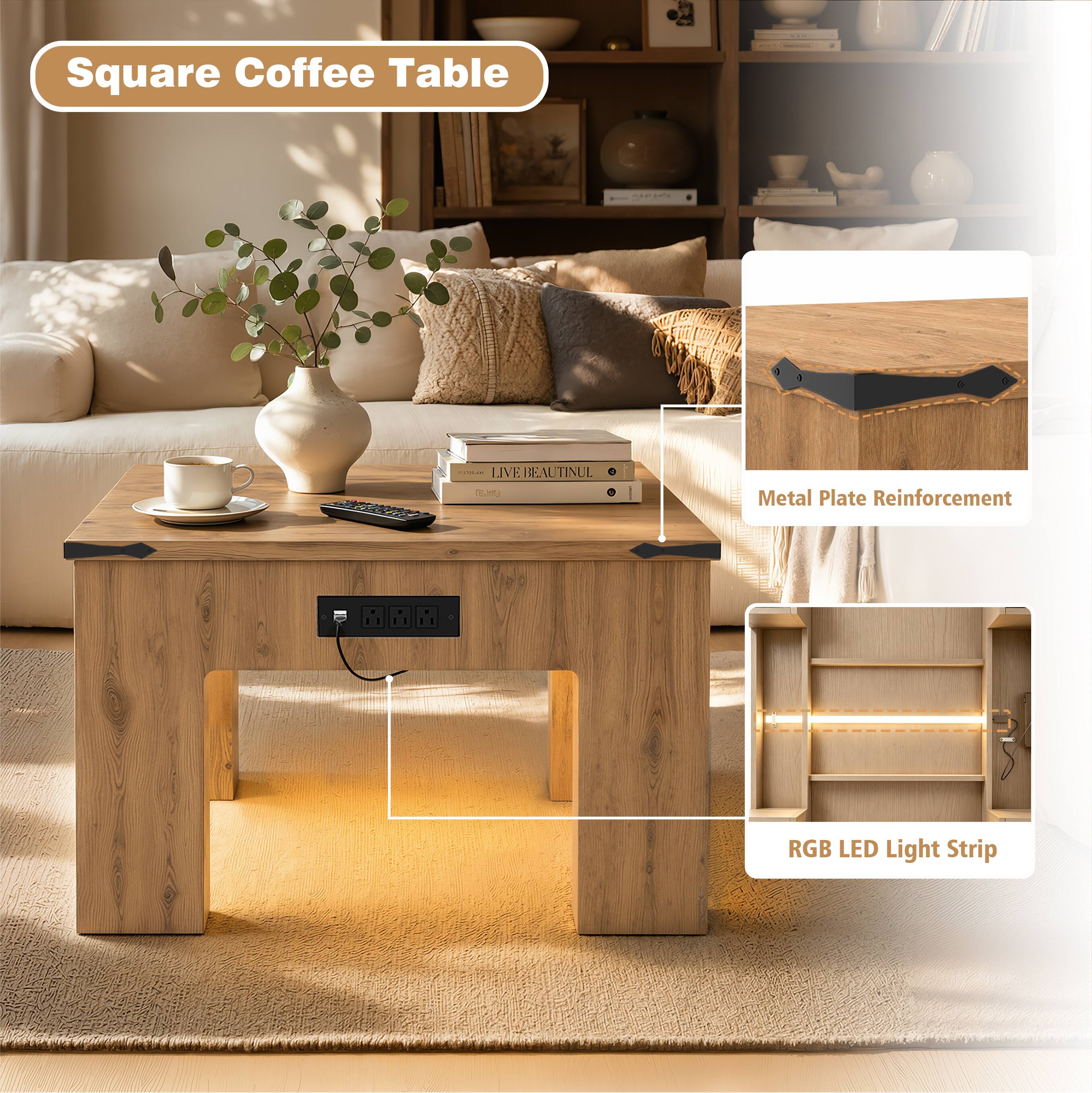 Square Coffee Table - LIVE BEAUTIFUL TELHE Metal Plate Reinforcement - RGB LED Light Strip