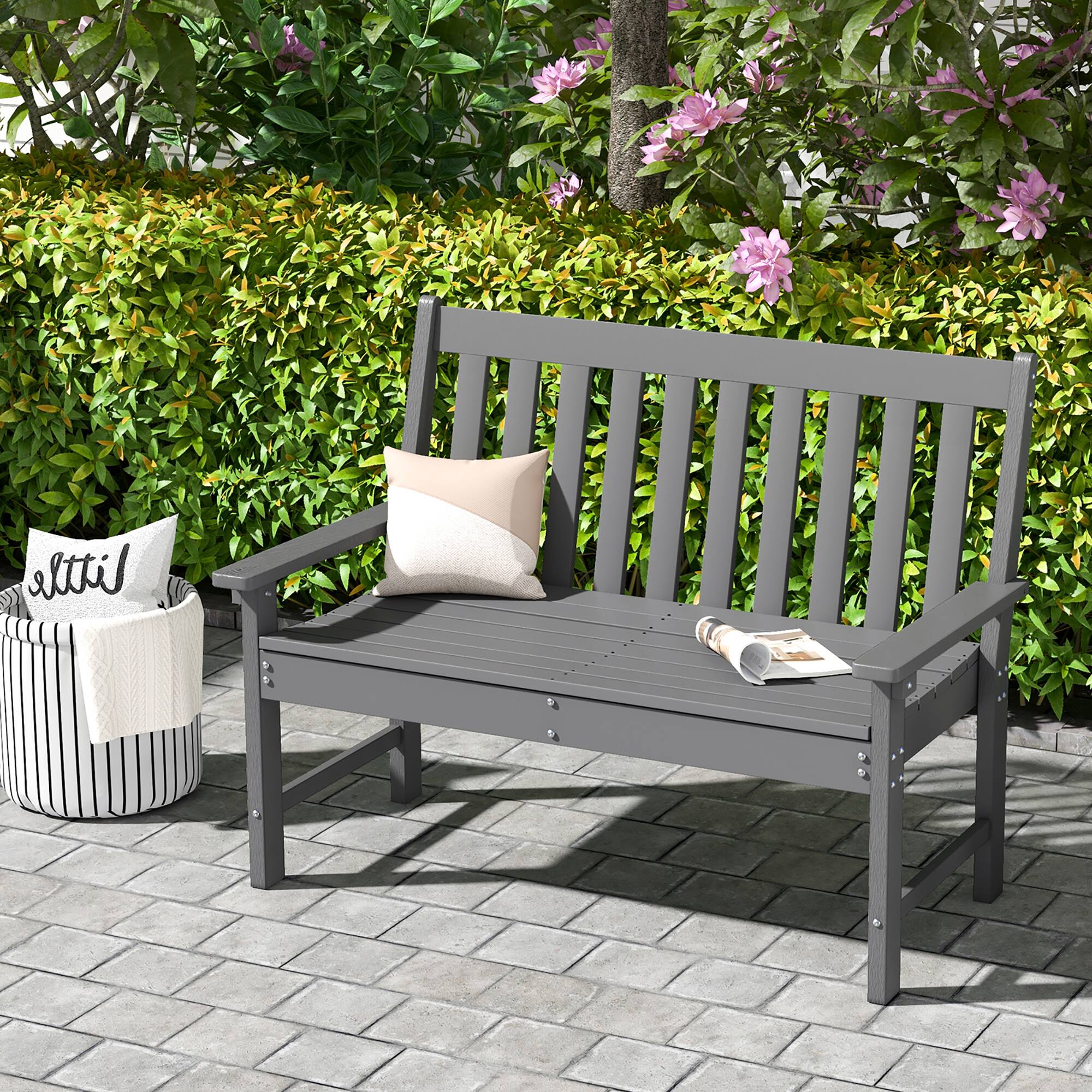 Alt View 3. Gymax - Gymax Garden Bench All-Weather HDPE 2-Person Outdoor Bench for Front Porch Backyard - Gray.