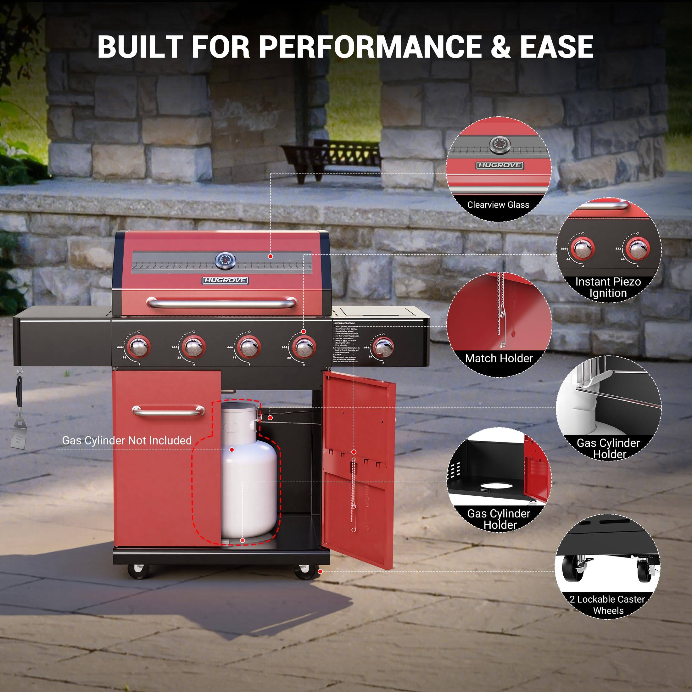 BUILT FOR PERFORMANCE & EASE

HUGROVE Clearview Glass

Instant Piezo Ignition

Match Holder

Gas Cylinder Not Included

Gas Cylinder Holder

2 Lockable Caster Wheels
