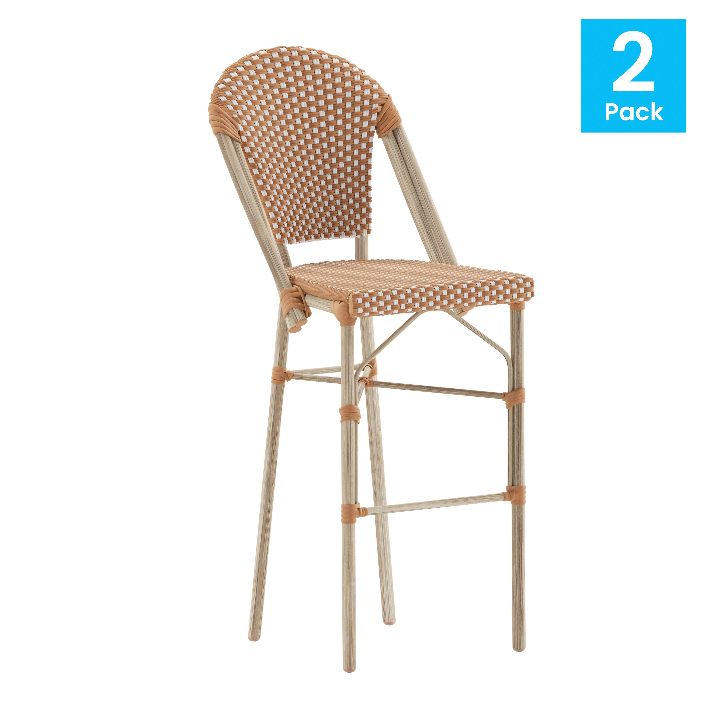 Alt View 1. Emma + Oliver - Colmar Set of Two Indoor/Outdoor 30" High Stacking Bistro Counter Stools with Patterned Seat and Back and Metal Frames - Natural & White/Light Natural Frame.