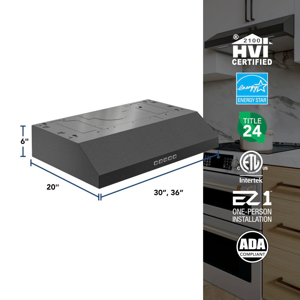 The text on the image reads:

R DOm 2100 HVI CERTIFIED energy ENERGY STAR T 6" T 20" 30", 36" TITLE 24 C ETD US LIBTED Intertek ZZ 1 ONE-PERSON INSTALLATION ADA COMPLIANT