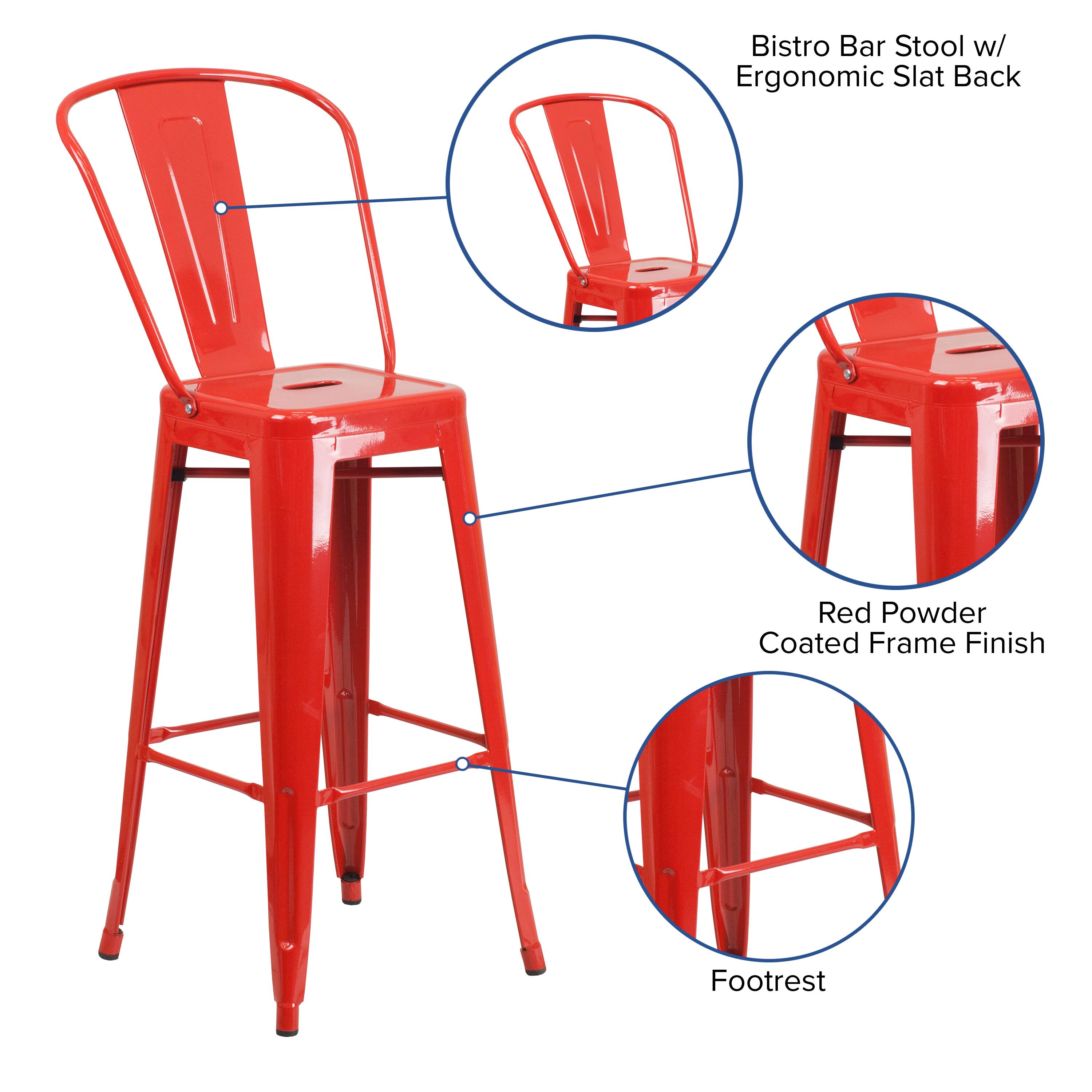 Bistro Bar Stool w/ Ergonomic Slat Back  
Red Powder Coated Frame Finish  
Footrest