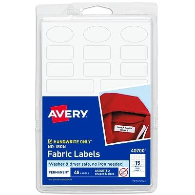 AVERY  
HANDWRITE ONLY  
NO-IRON  
Fabric Labels  
Washer & dryer safe, no iron needed  
PERMANENT  
45 LABELS  
15 SHEETS  
40700  
45 LABELS, SHAPED & SIZES  
M91407000S