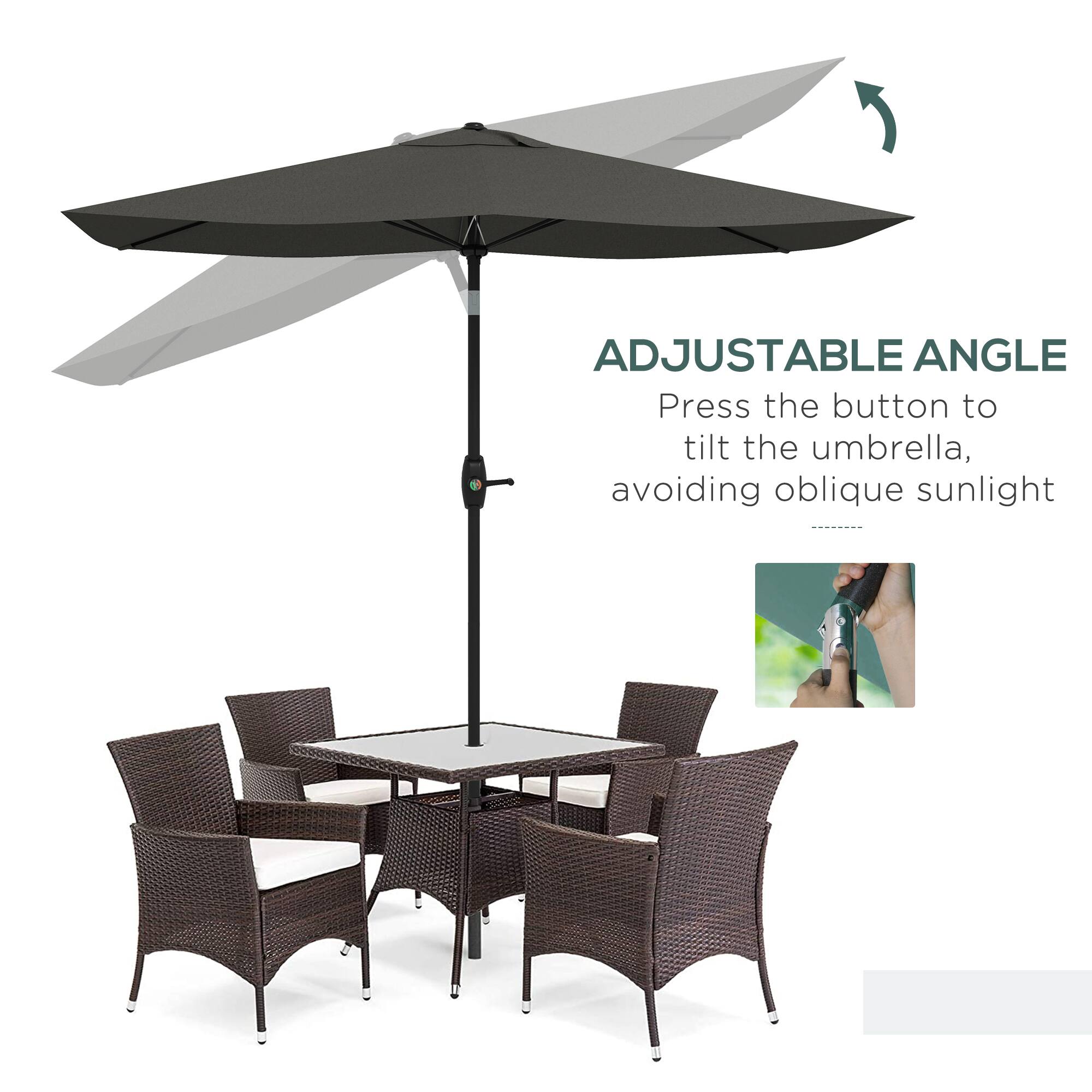 ADJUSTABLE ANGLE
Press the button to tilt the umbrella, avoiding oblique sunlight