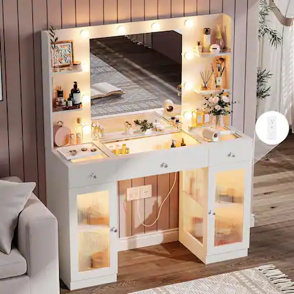 Front. DIYSET - DIYSET Vanity Desk with Lighted Mirror, Glass Top Vanity with 2 Cabinets & 3 Drawers & 4 Shelves - White - White.
