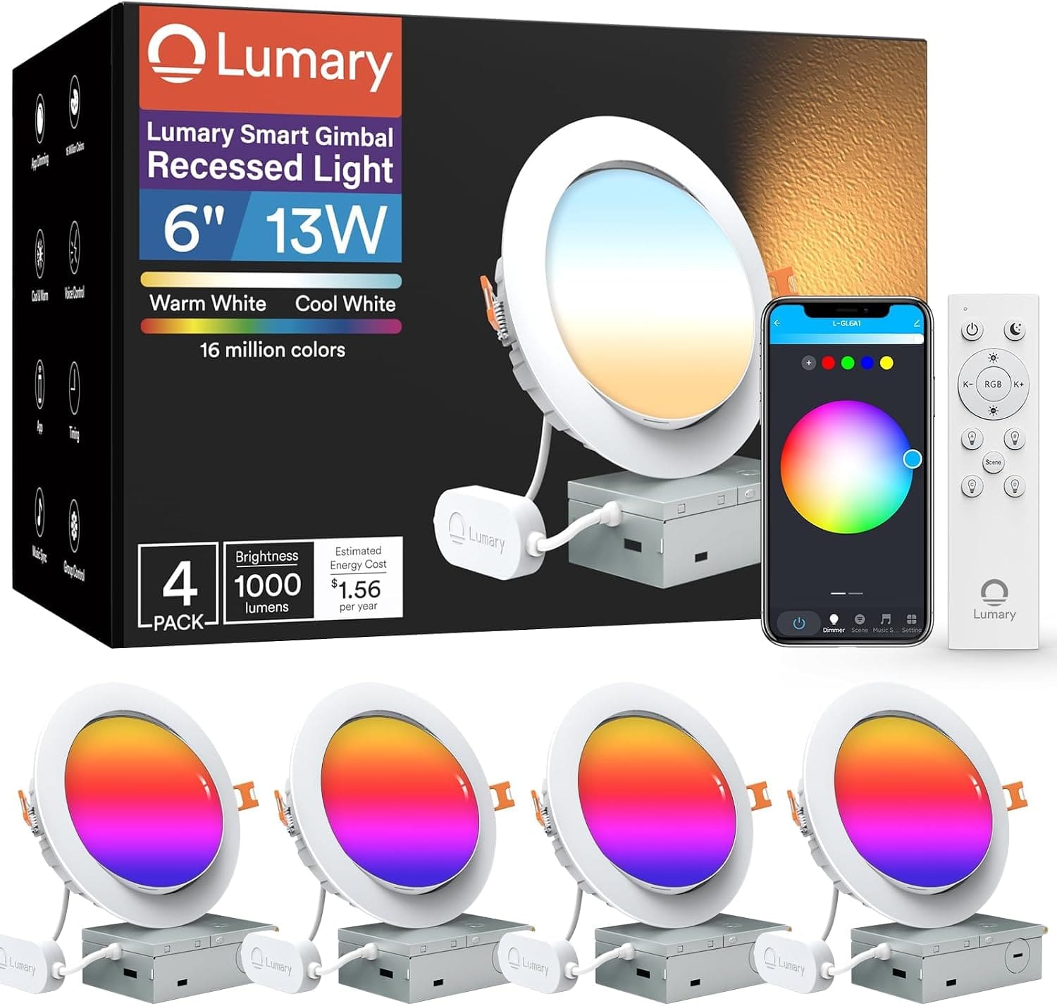 "Lumary - 6"" Smart Adjustable Gimbal RGBWW Recessed Ceiling Light, Wi-Fi Bluetooth, Works with Alexa & Google Assistant, 4-Pack - White" price history on PriceWatchPro