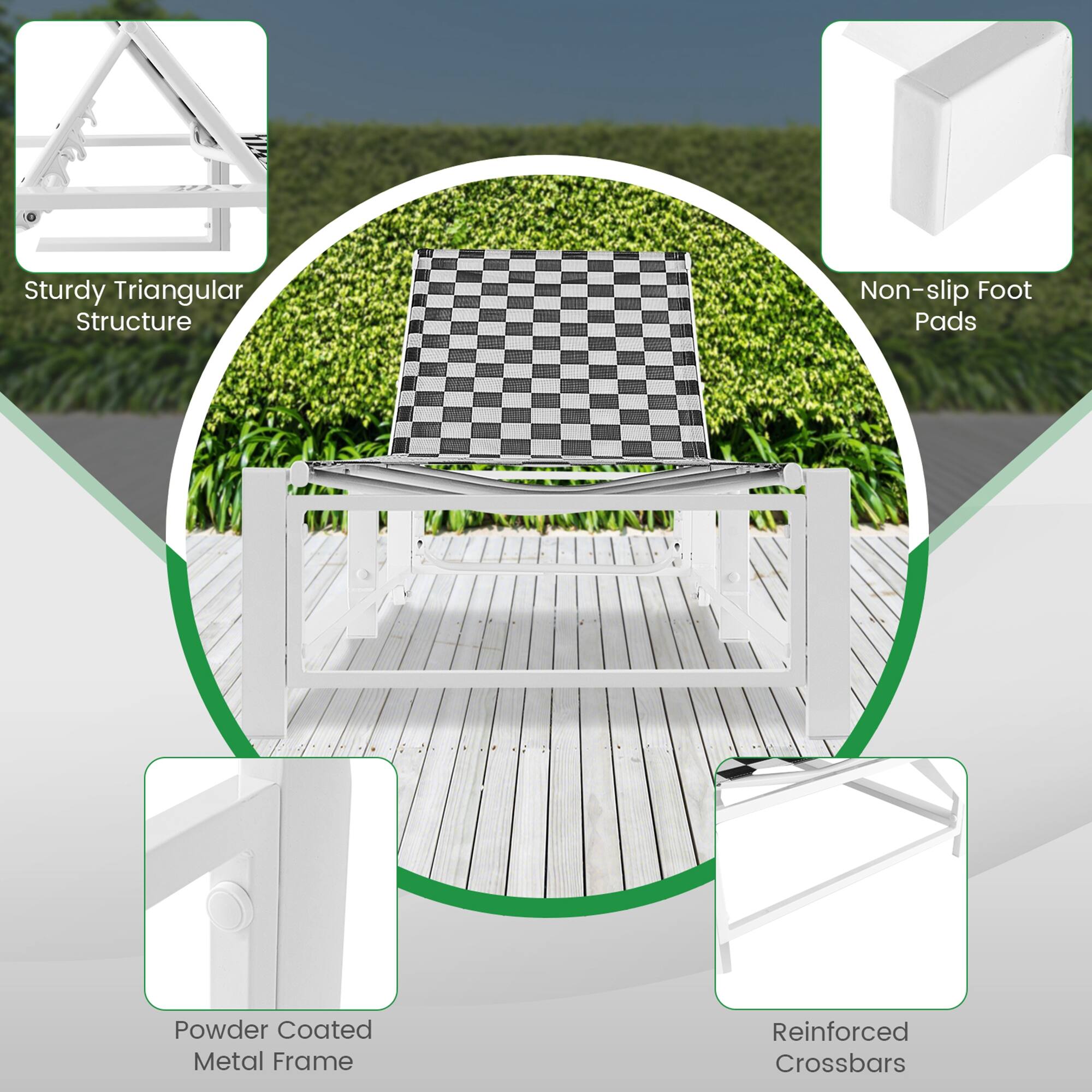 Sturdy Triangular Structure  
Non-slip Foot Pads  
Powder Coated Metal Frame  
Reinforced Crossbars