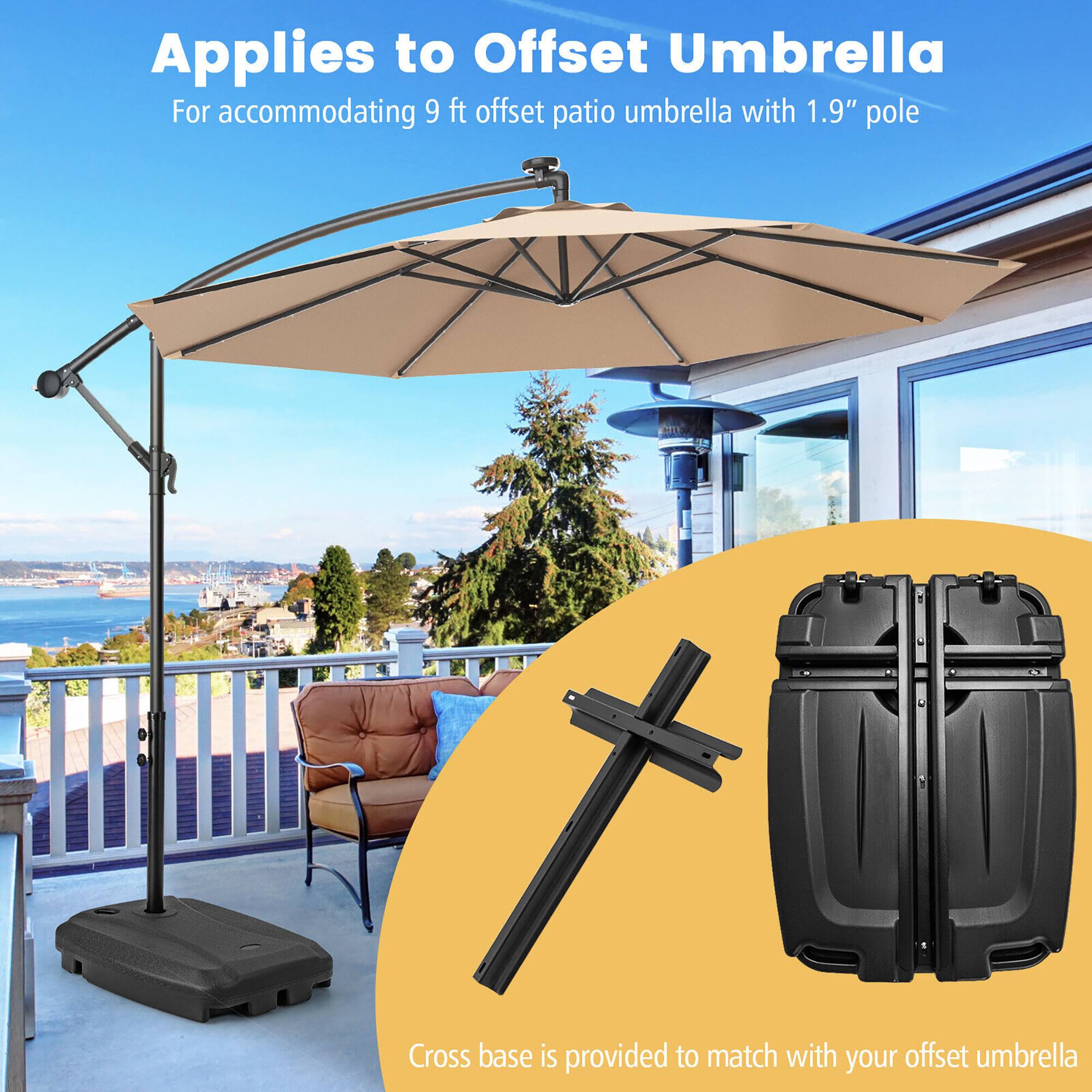 Applies to Offset Umbrella  
For accommodating 9 ft offset patio umbrella with 1.9" pole  
Cross base is provided to match with your offset umbrella