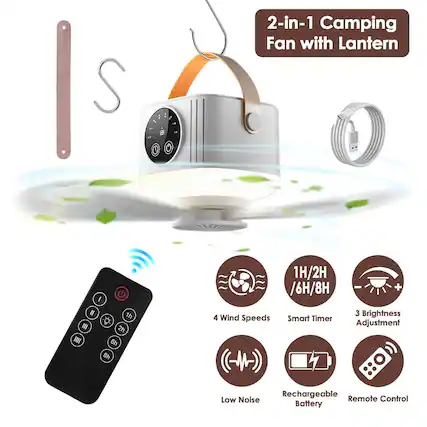 2-in-1 Camping Fan with Lantern
- 4 Wind Speeds
- Smart Timer: 1H/2H/6H/8H
- 3 Brightness Adjustment
- Rechargeable Low Noise Remote Control Battery
