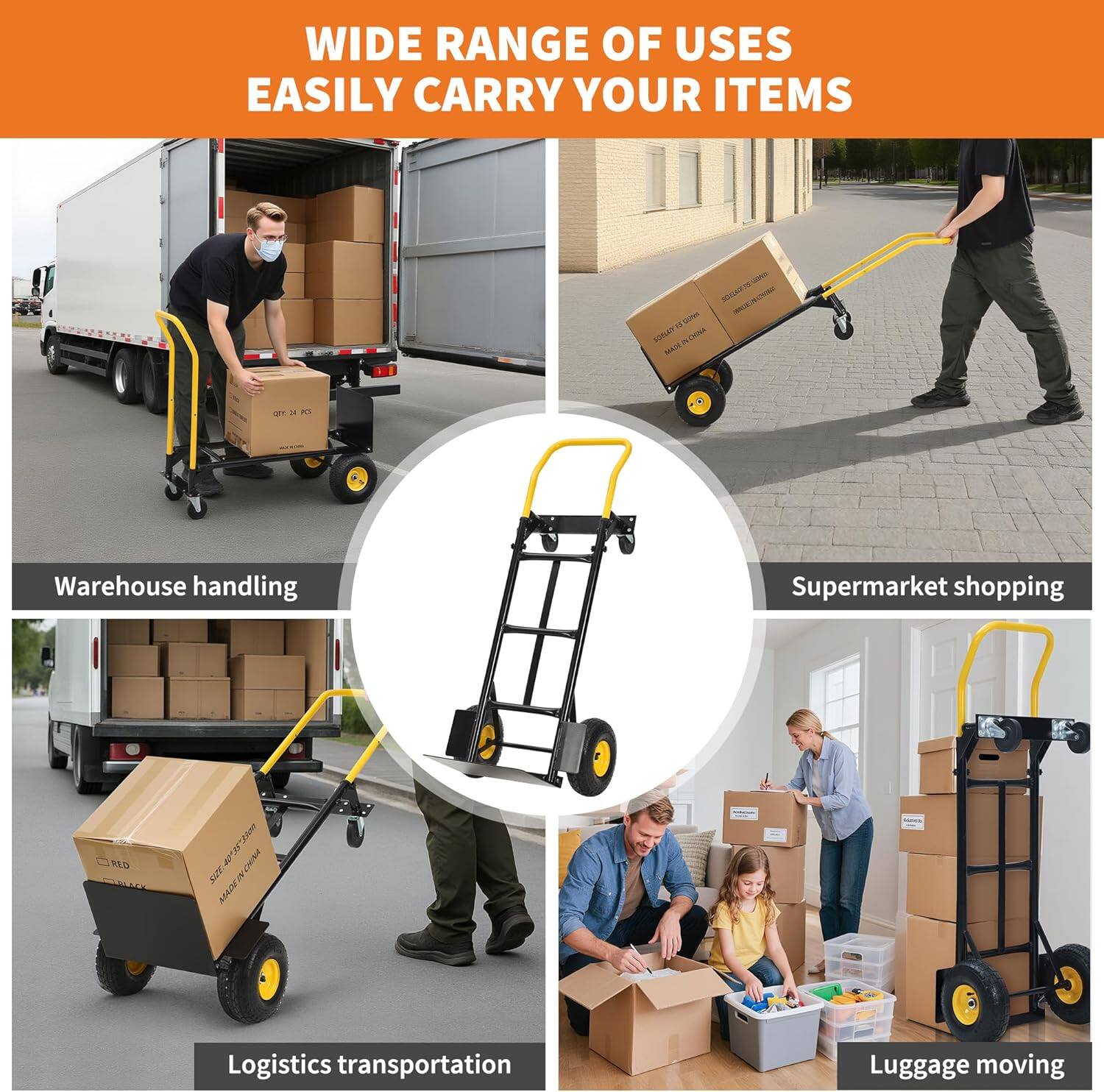 WIDE RANGE OF USES  
EASILY CARRY YOUR ITEMS

- Warehouse handling
- Supermarket shopping
- Logistics transportation
- Luggage moving