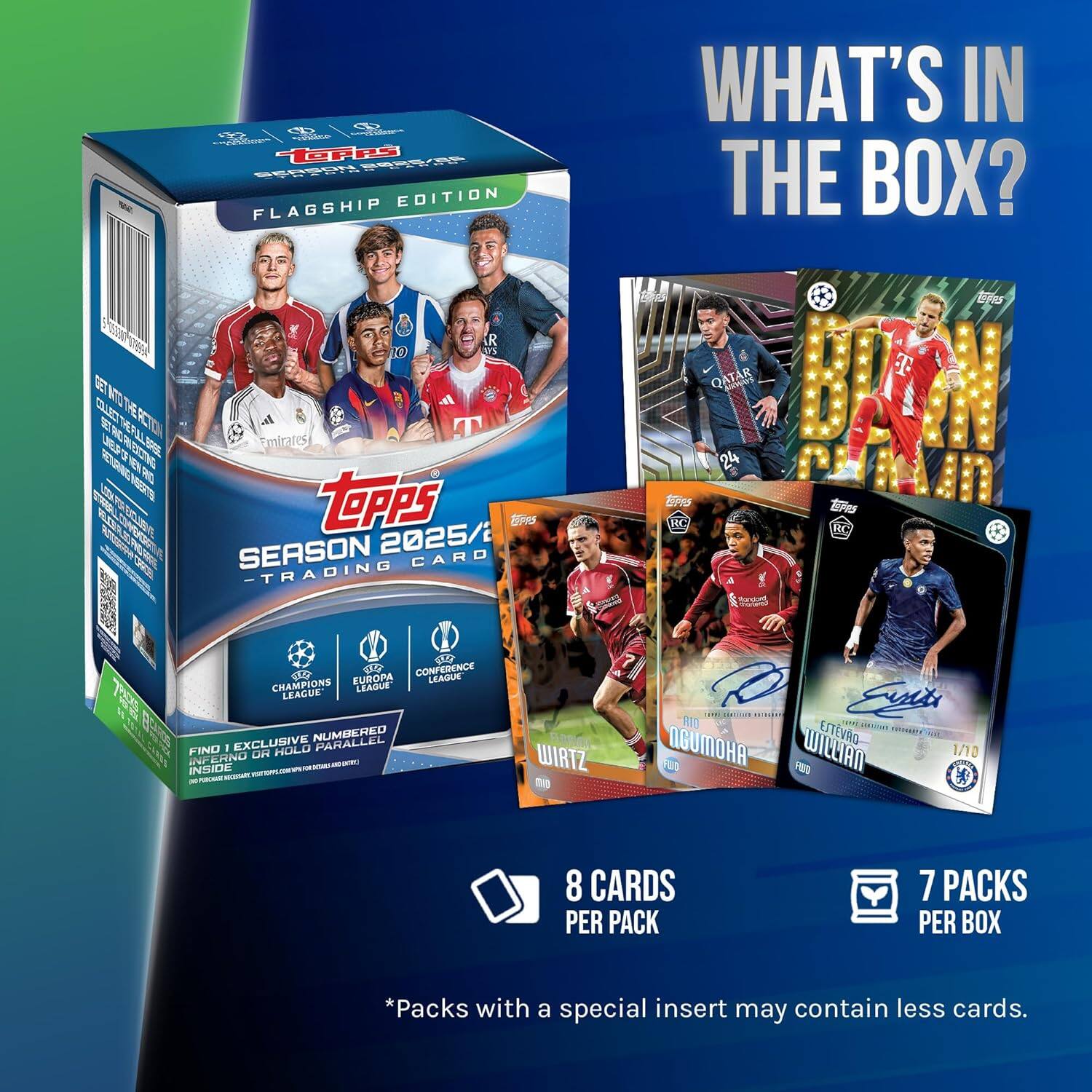 1. Topps Flagship Edition
2. What's in the Box?
3. Season 2025/26 Card Trading
4. 8 Cards per Pack
5. 7 Packs per Box
6. *Packs with a special insert may contain less cards.
7. Find 1 Exclusive Numbered Parallel
8. Champions League
9. Europa League
10. Conference League
11. Players featured: Benzema, Willian, Ngumoah, etc.