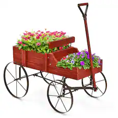 Front. Costway - Garden Plant Planter Wooden Wagon Planter W/ Wheel Garden Yard - Red.