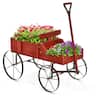 Costway - Garden Plant Planter Wooden Wagon Planter W/ Wheel Garden Yard - Red