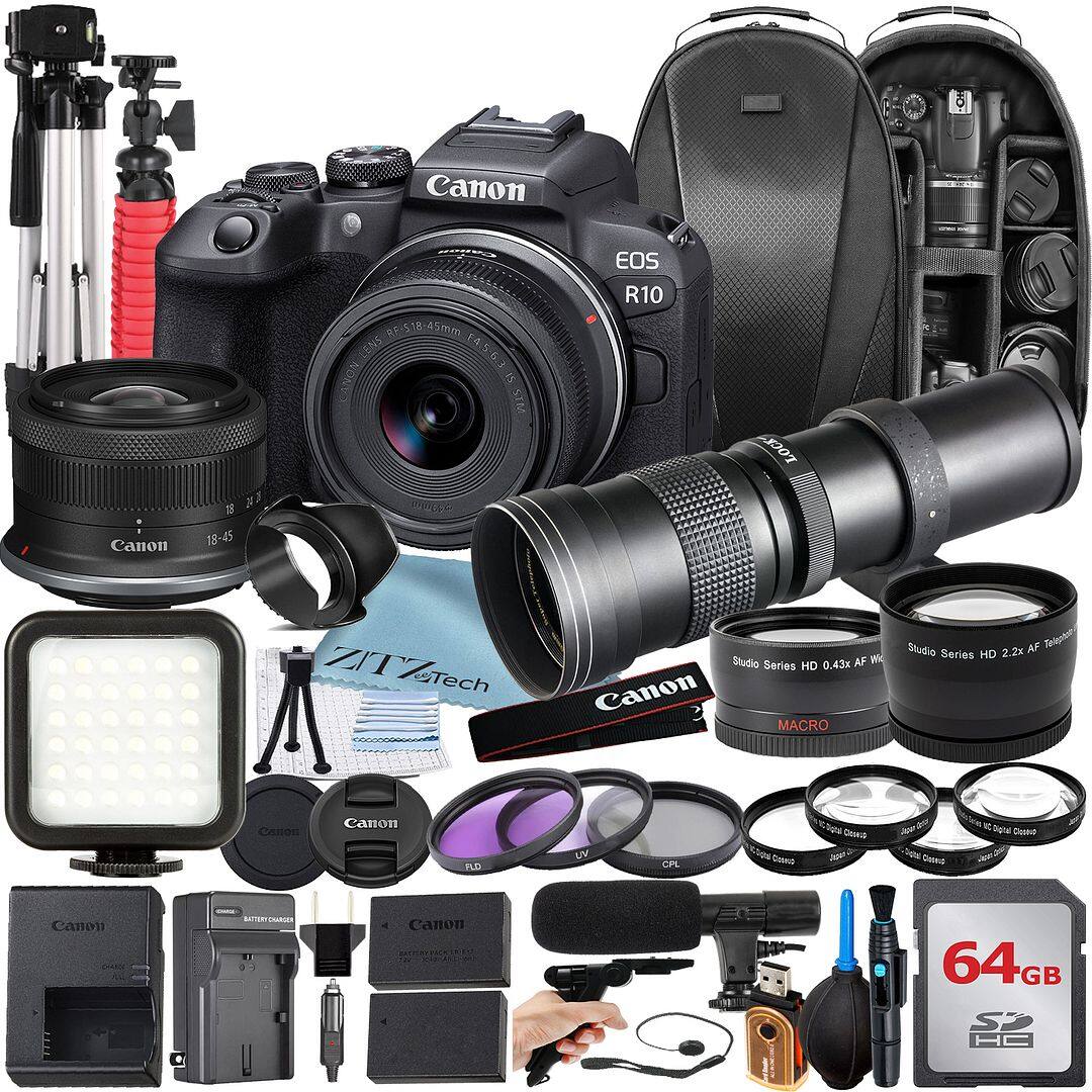 Canon - EOS R10 Mirrorless Camera with 18-45 Lens + 64GB Card + Backpack + ZeeTech Bundle (International Version) - Black