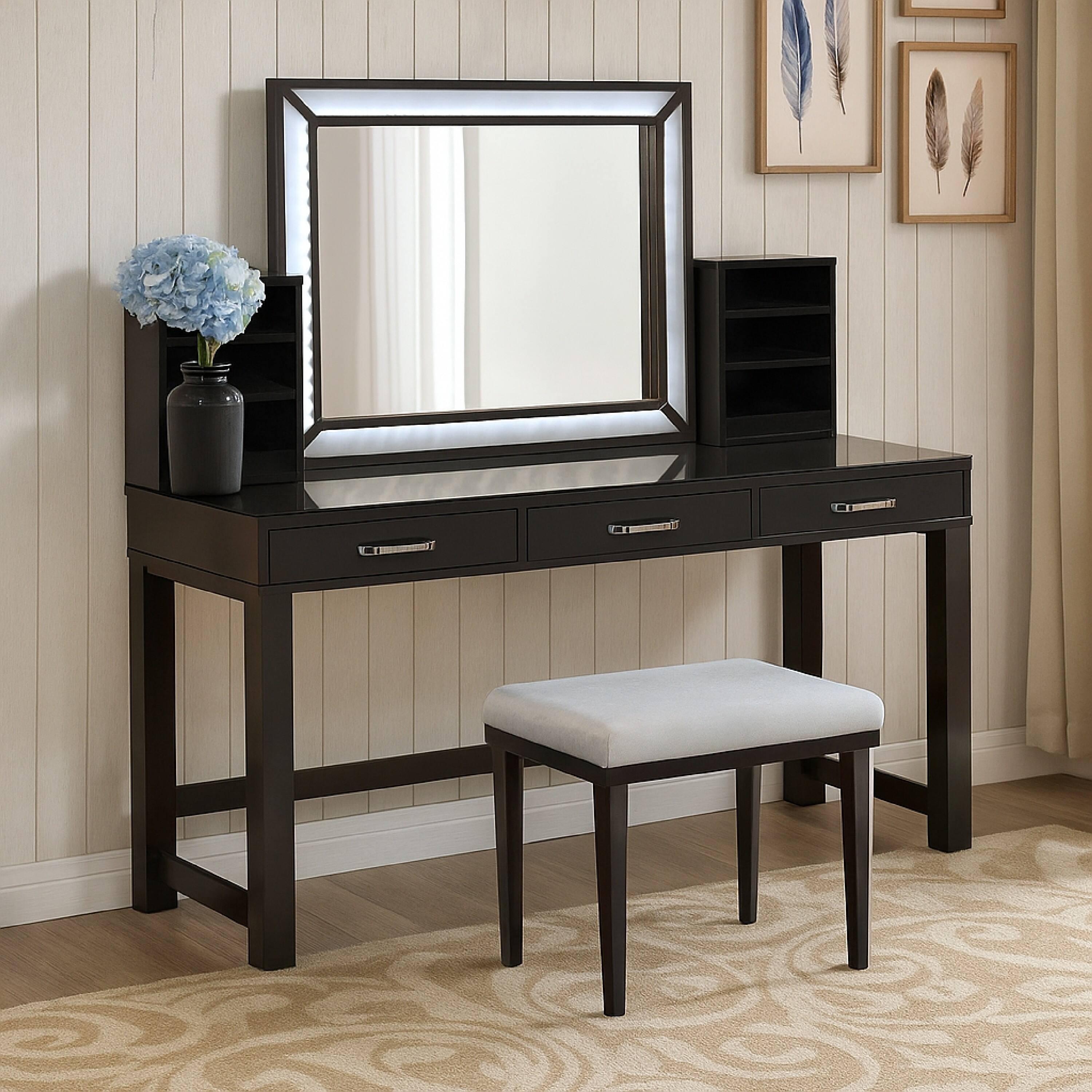 Alt View 5. Manhattan Lane - Jexo 3pc Cherry Vanity Table Set with LED Mirror, 3 Drawer, Gray Padded Stool - Brown, Gray.