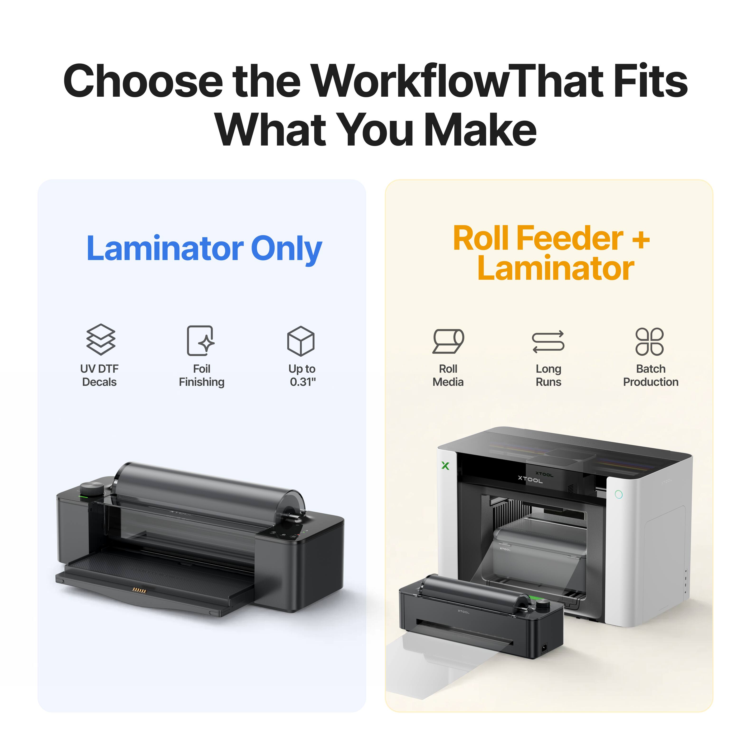 Choose the Workflow That Fits What You Make

Laminator Only
- UV DTF Decals
- Foil Finishing
- Up to 0.31"

Roll Feeder + Laminator
- Roll Media
- Long Runs
- Batch Production

XTOOL XTOOL
SPORT
899931