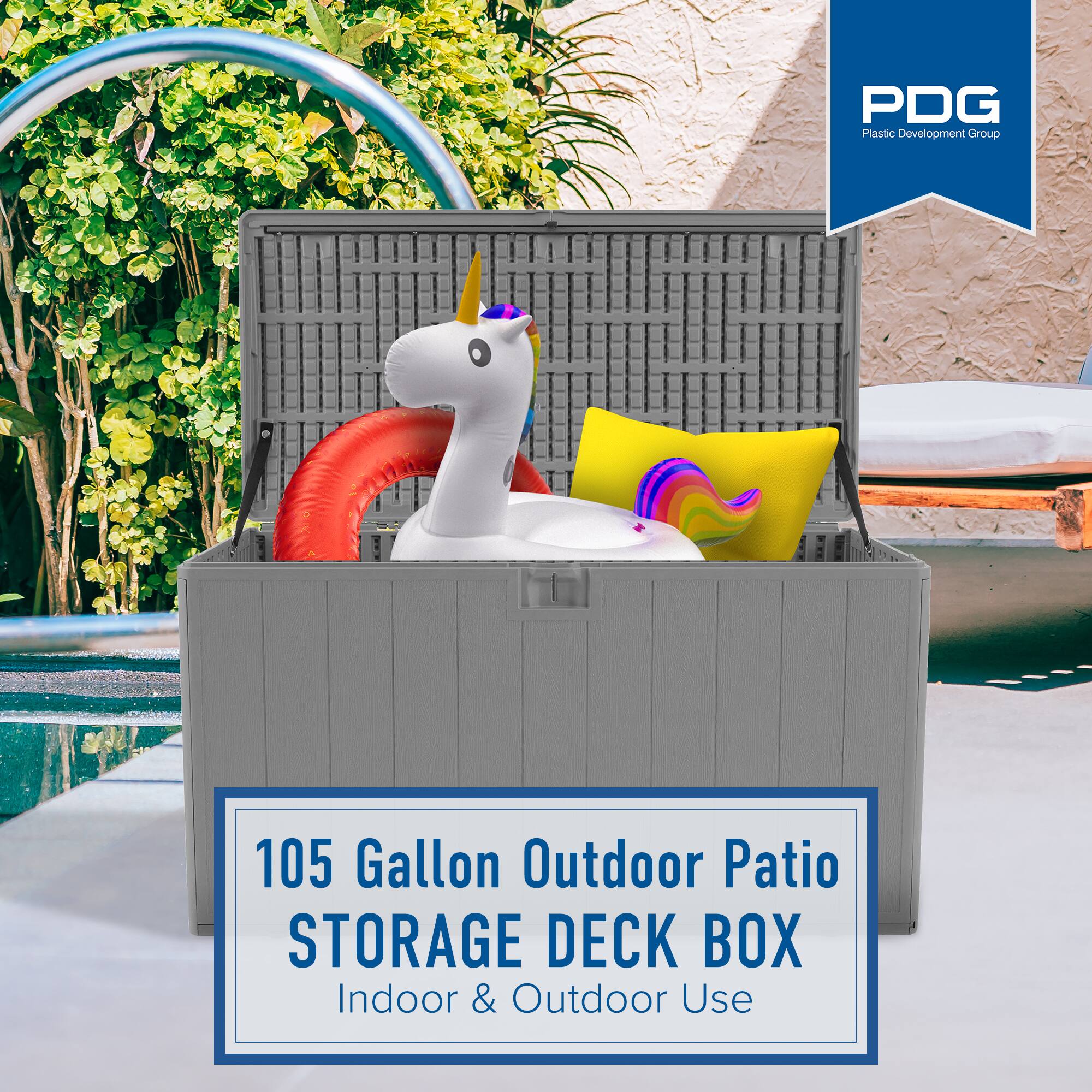 PDG Plastic Development Group

105 Gallon Outdoor Patio STORAGE DECK BOX

Indoor & Outdoor Use