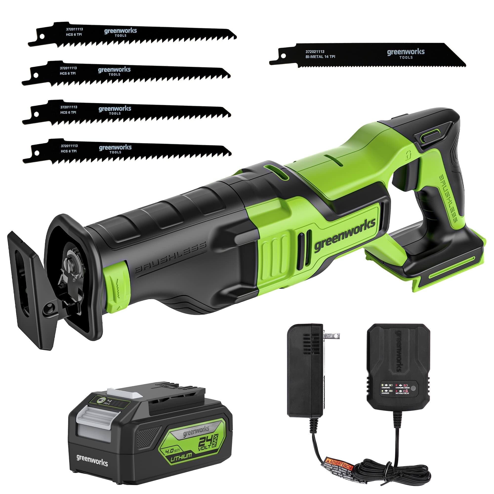 Greenworks - 24V Brushless Cordless 1-1/8" Reciprocating Saw, 4.0Ah Battery and Charger Included