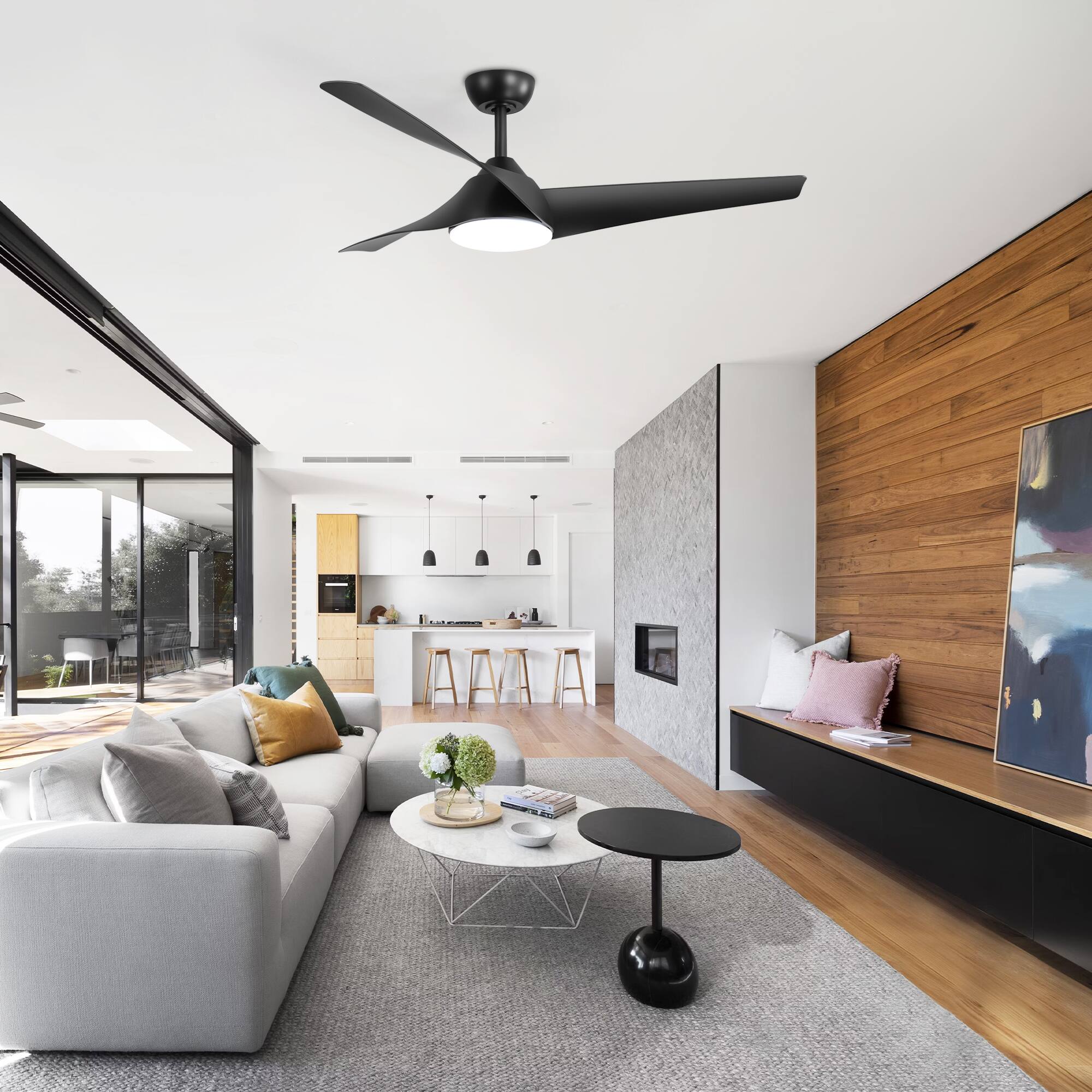 Alt View 1. Breezary - 52" Indoor Ceiling Fan with 3 ABS Blades, 3-Color Light, 6-Speed DC Motor, 5''&10'' Downrods, Remote with Timer - Matte Black.