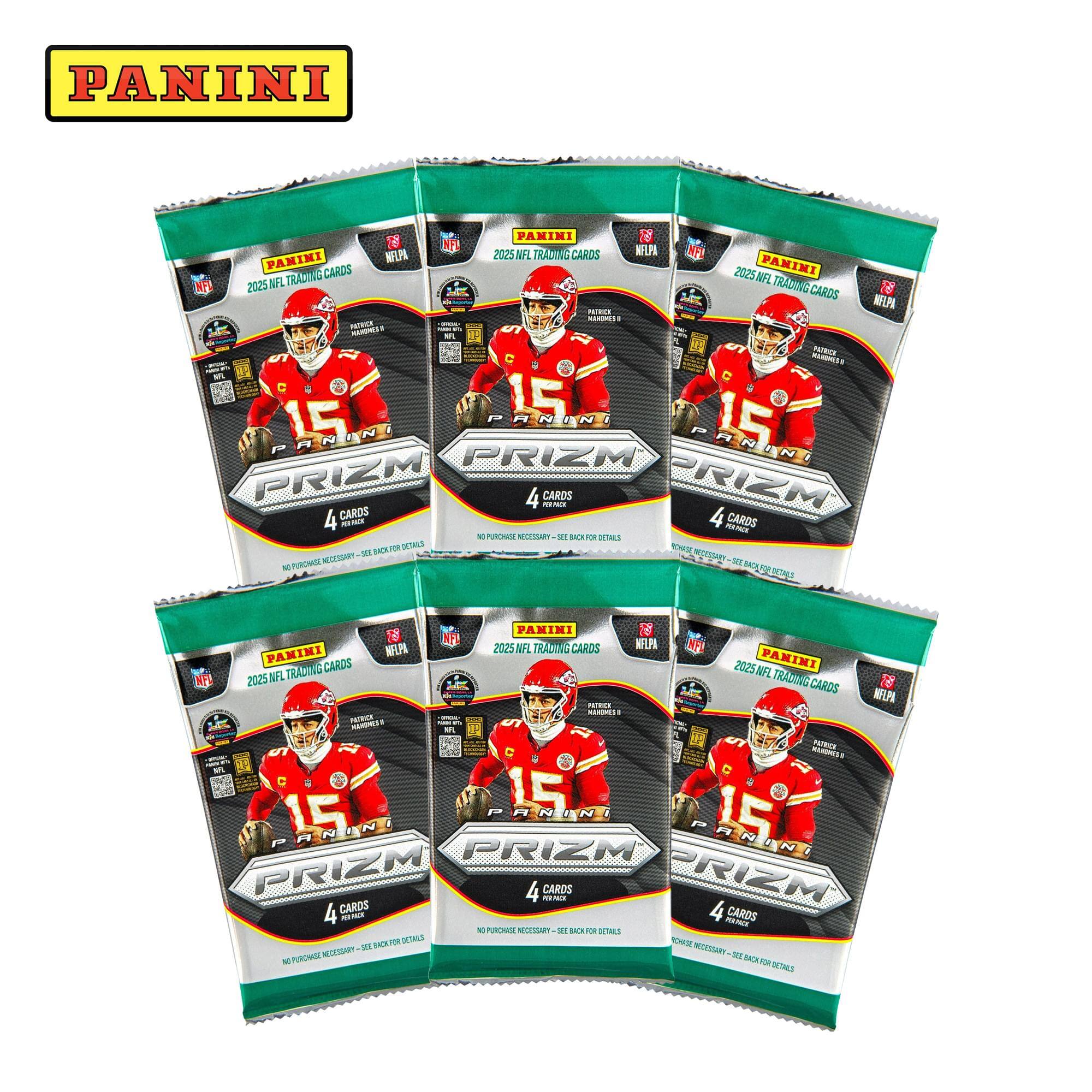 PANINI W PANINI  
NF NFLPA PANINI NELPA 2025 NFL TRADING CARDS KP CAROS 2025 PANINI NR 2025 NFL TRADING CARDS  
NFL TRADING CARDS - 4 CARDS  
PRIZM 4 CARDS  
PRIZM 4 CARDS  
PRIZM 4 CARDS  
- RETE N PRONS NETESTART -  
181  
SACR O STR  
MIMLS SER  
NTALLS 1  
NESARY MESESSANY R  
NUPURCHZ