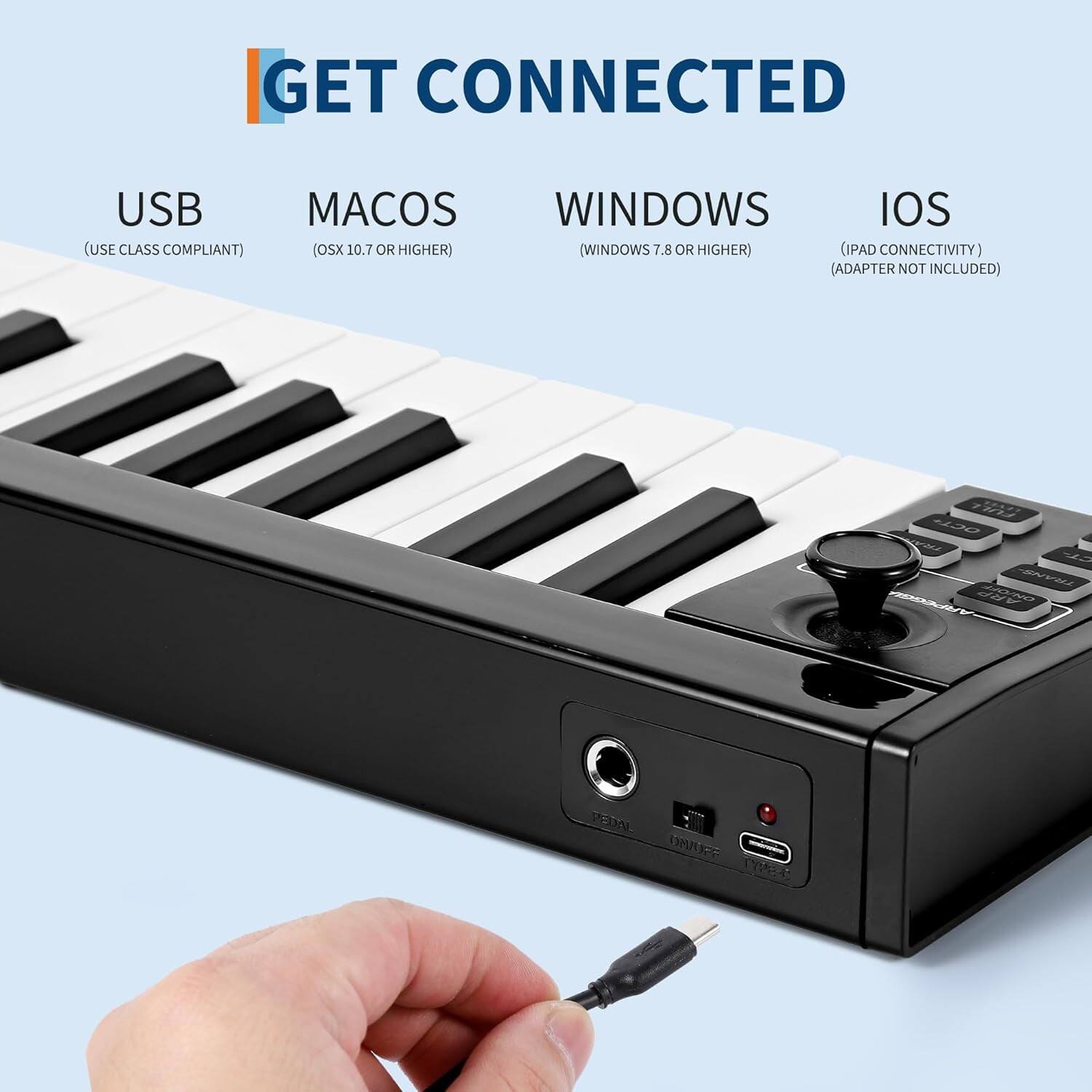 GET CONNECTED  
USB (USE CLASS COMPLIANT)  
MACOS (OSX 10.7 OR HIGHER)  
WINDOWS (WINDOWS 7.8 OR HIGHER)  
IOS (IPAD CONNECTIVITY) (ADAPTER NOT INCLUDED)