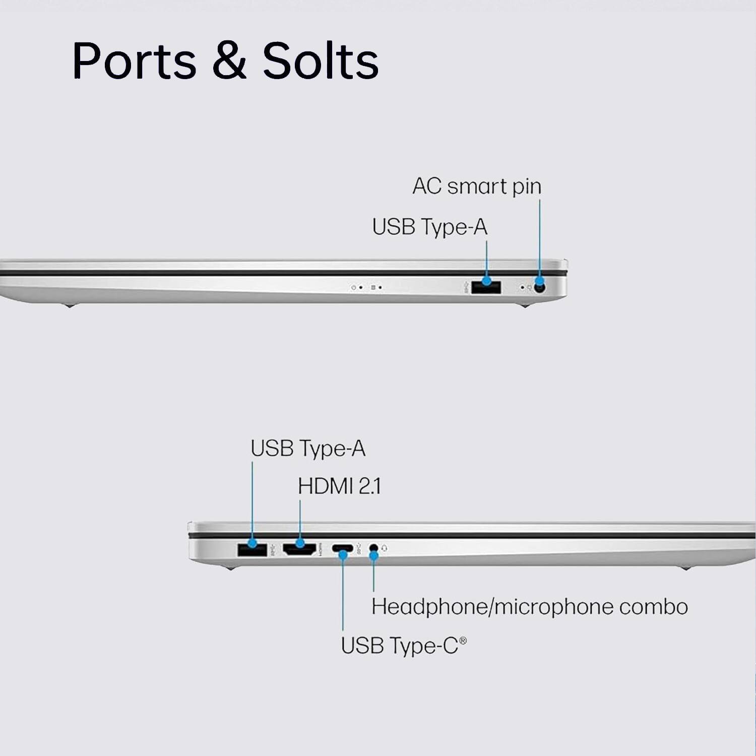 Ports & Solts:

* AC smart pin
* USB Type-A
* USB Type-A
* HDMI 2.1
* Headphone/microphone combo
* USB Type-C