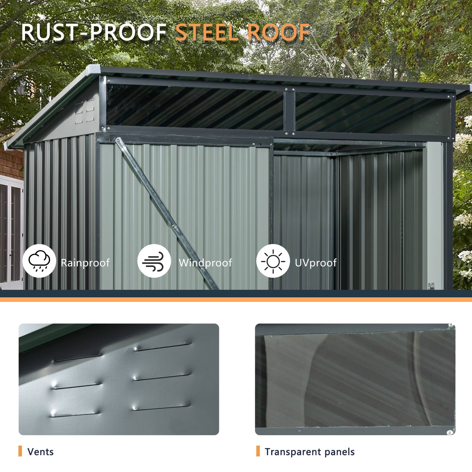 RUST-PROOF STEEL ROOF

- Rainproof
- Windproof
- UVproof

Vents

Transparent panels