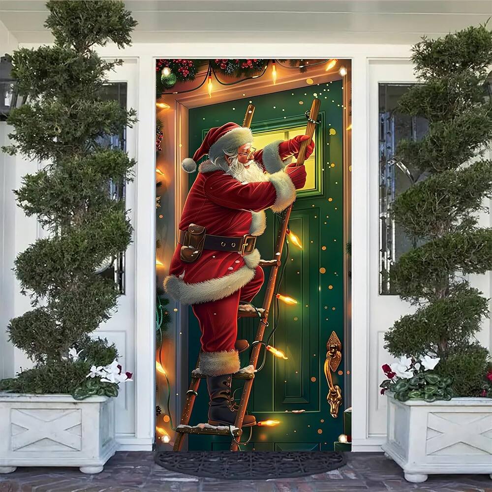 Alt View 4. MOSZAR LLC - Santa Climbing Door Banner, 71×35 in, Green with Holiday Lights, Christmas Decor - red.
