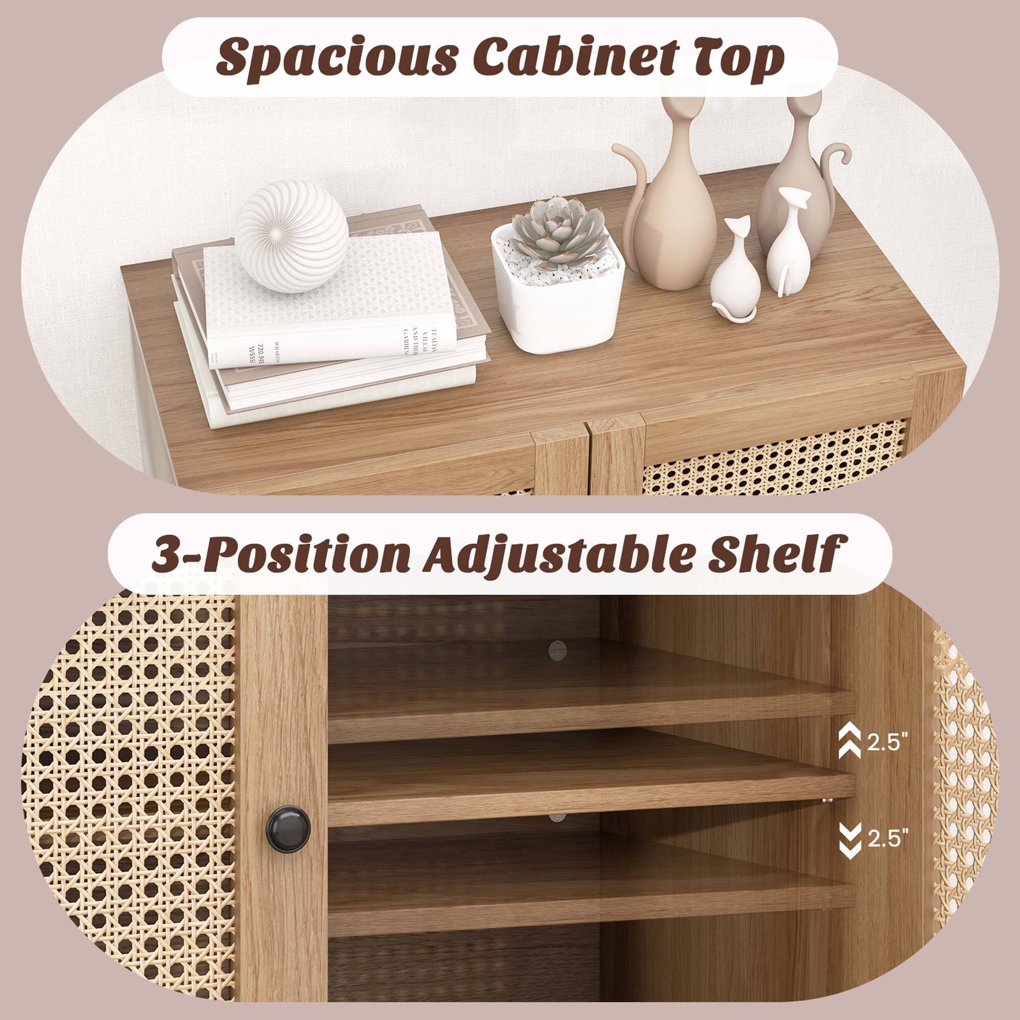 Spacious Cabinet Top:
* A wooden cabinet with a white vase on top.
* A book is placed on the cabinet.
* A potted plant is also present on the cabinet.
3-Position Adjustable Shelf:
* A wooden cabinet with a shelf inside.
* The shelf can be adjusted to three different positions.
* The cabinet is 2.5" deep.