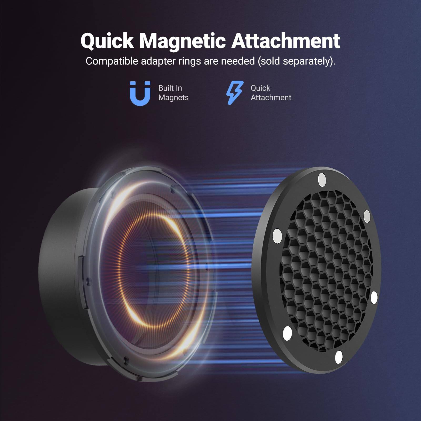 Quick Magnetic Attachment  
Compatible adapter rings are needed (sold separately).  
Built In Magnets  
Quick Attachment