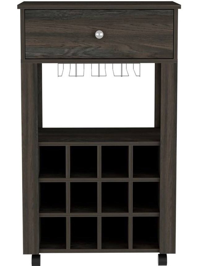 TuHome - Memphis Bar Cart, Twelve Built-In Wine Rack, Casters, Drawer - Espresso