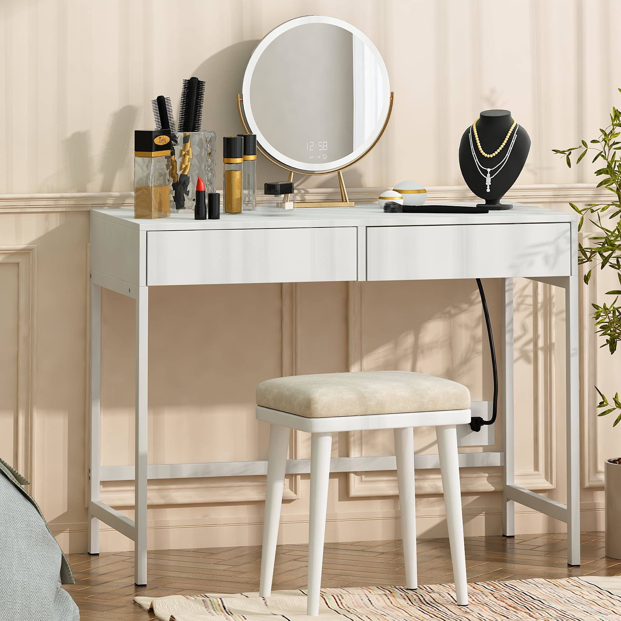 Back. Spaco - 40" Charging Station Desk, 2 Outlets 2 USB, 2-Drawer Computer Vanity Desk - White.