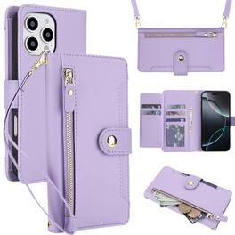 Dteck - Crossbody Zipper Wallet Case for Apple iPhone 16 Pro,Faux Leather Magnetic Closure Flip Credit Card Holder Cover - Purple