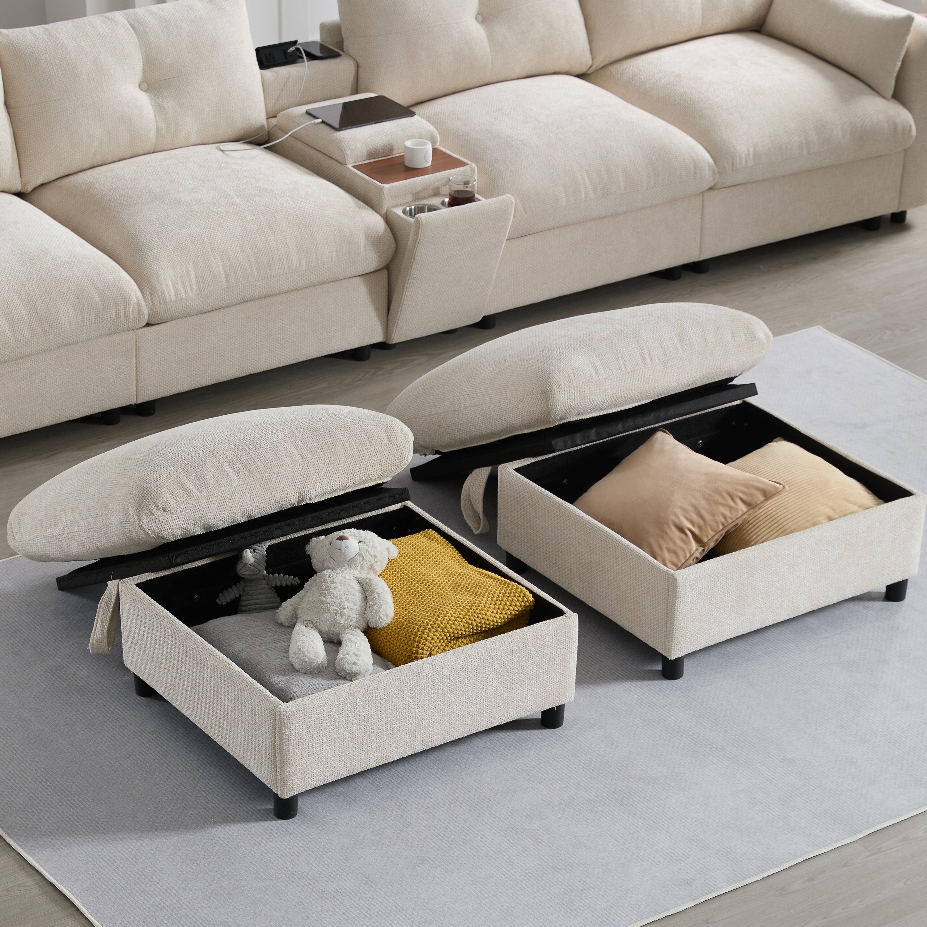 Alt View 4. Boyel Living - Modular Sectional Sofa Pull-line&Tufted Design USB Charger Movable Storage Ottoman Beige Chenille - Beige.