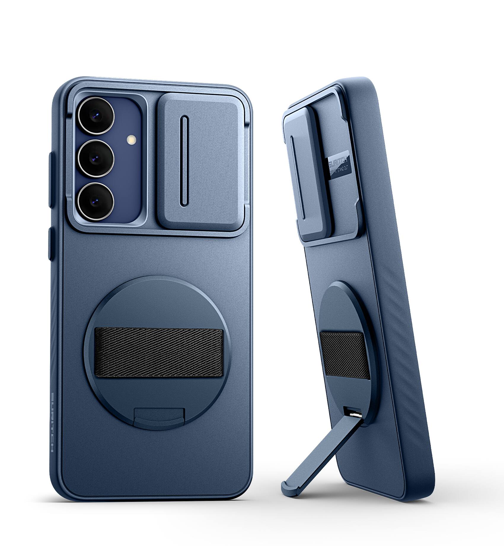 Angle. SURITCH - Case for Samsung Galaxy S25 FE with 360° Rotatable Hand Strap, Invisible Kickstand,Slide Camera Cover, Rugged Shockproof - Deep Blue.