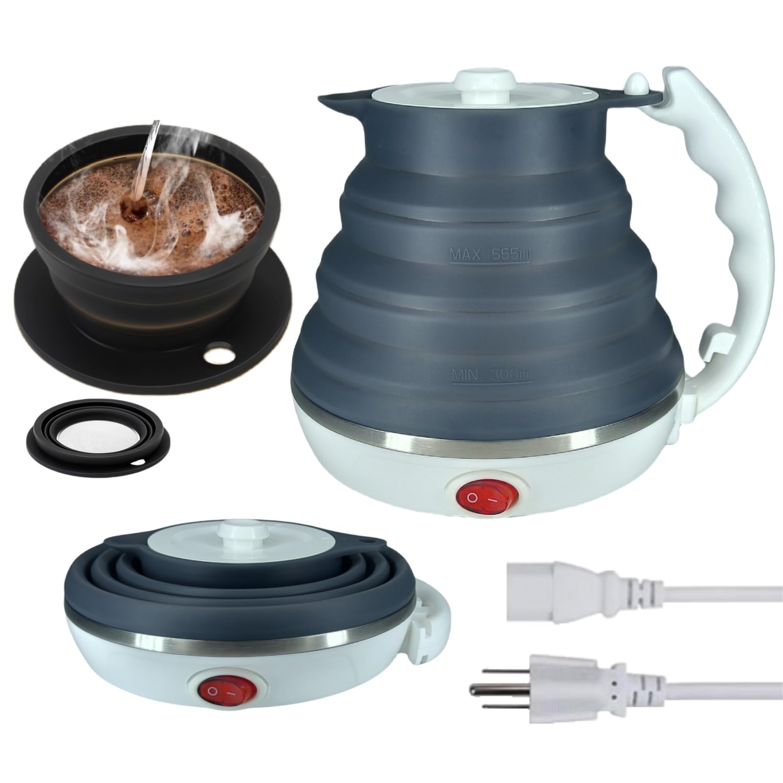 Dapper Styles - Travel Electric Kettle Collpasible Portable Tea + Paperless Collapsible Pour Over Coffee Dripper Maker Camp - Black+Black