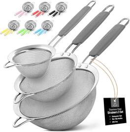Zulay Kitchen - Premium Stainless Steel Fine Mesh Strainer Set - Strainers For Kitchen (Set of 3) with Non-Slip Handles - Gray