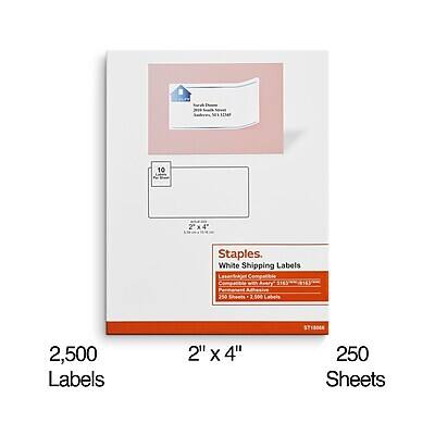 Staples  
White Shipping Labels  
Laser Compatible Avery 5165  
250 Sheets  
2,500 Labels  
2" x 4"  
250 Sheets