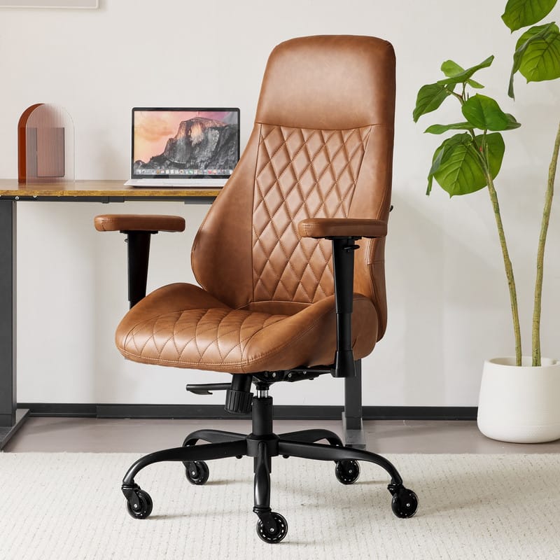 HTUTWOO - Office Chair, Lumbar Support Adjustable Height Swivel Chair with Rubber Casters,for Home Office & Executive Workspace - Brown
