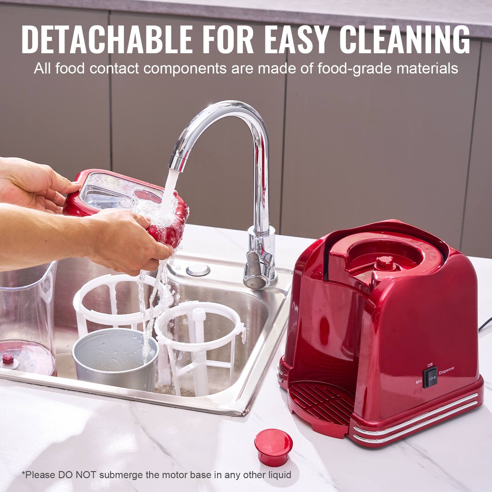 DETACHABLE FOR EASY CLEANING
All food contact components are made of food-grade materials

*Please DO NOT submerge the motor base in any other liquid