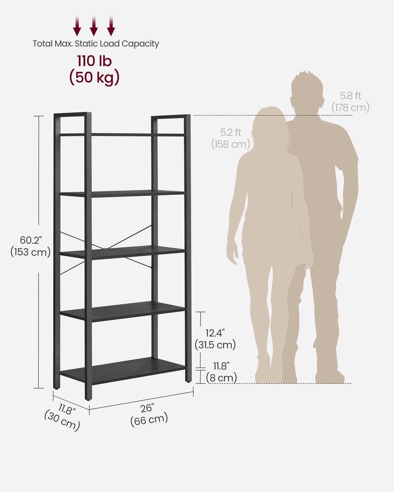 Total Max. Static Load Capacity: 110 lb (50 kg)

- Height: 5.8 ft (178 cm)
- Width: 5.2 ft (158 cm)
- Depth: 60.2" (153 cm)
- Shelf Depth: 12.4" (31.5 cm)
- Shelf Height: 11.8" (30 cm)
- Shelf Spacing: 11.8" (30 cm)
- Base Width: 26" (66 cm)
- Base Depth: 11.8" (30 cm)