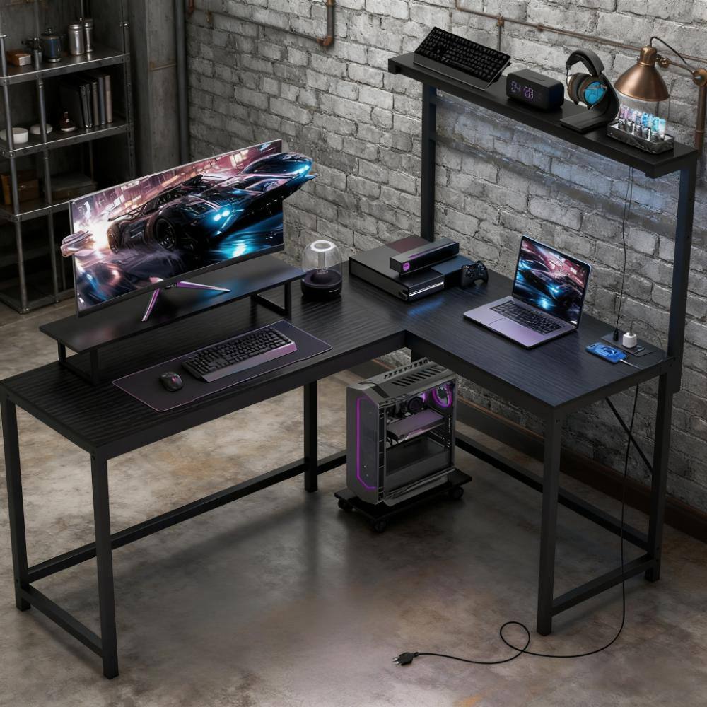 Angle. Aukfa - Gaming Desk with Monitor Stand and CPU Shelf,L Shaped Gaming Desk with Power Outlets & LED Lights - Black.