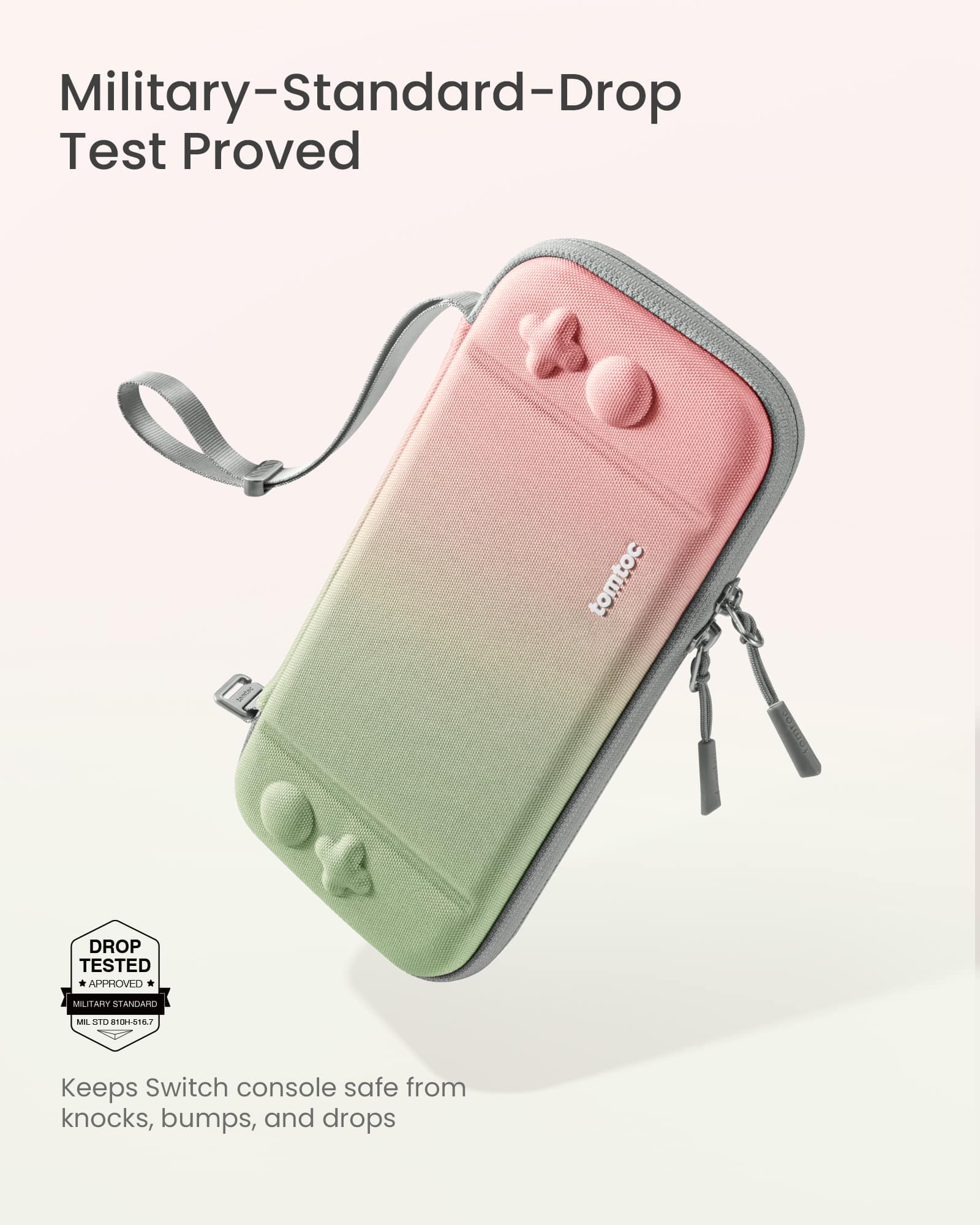 Military-Standard-Drop Test Proved tomtoc onter DROP TESTED APPROVED MILITARY STANDARD MBL STO 118157 Keeps Switch console safe from knocks, bumps, and drops.