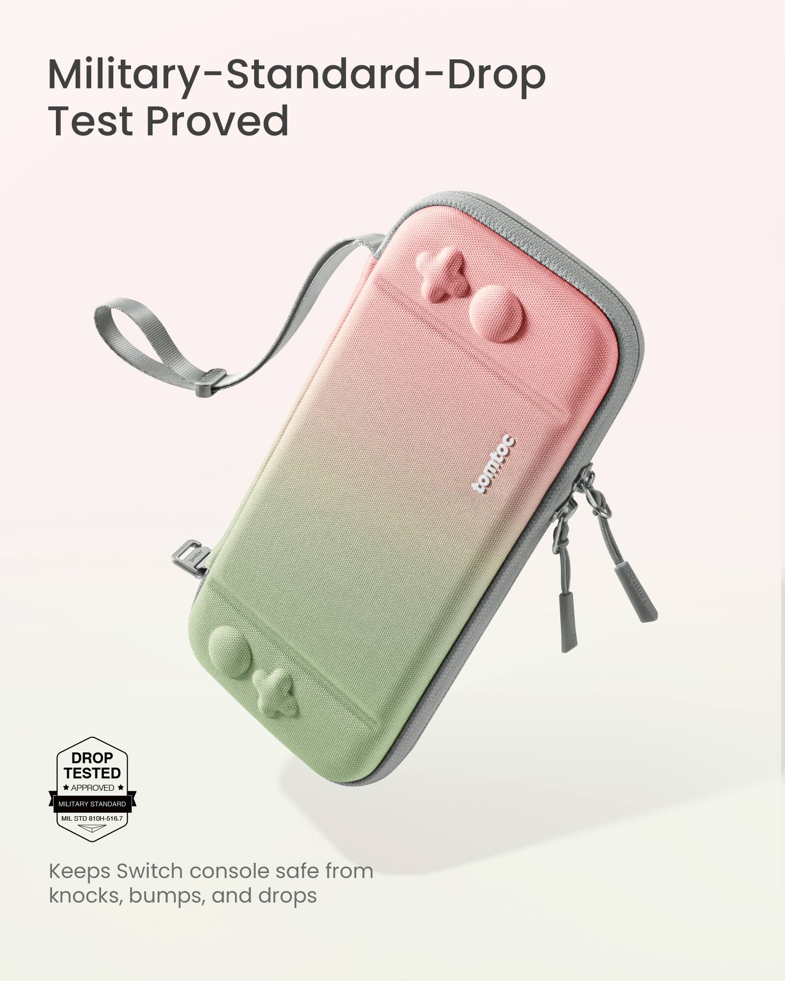 Military-Standard-Drop Test Proved tomtoc onter DROP TESTED APPROVED MILITARY STANDARD MBL STO 118157 Keeps Switch console safe from knocks, bumps, and drops.