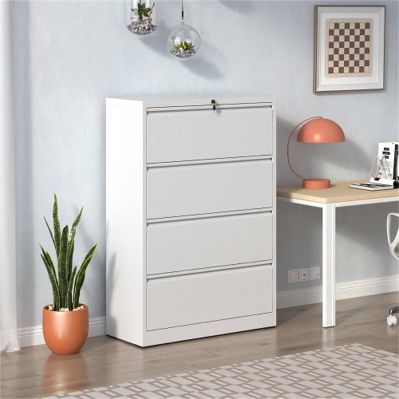 Angle. HTUTWOO - 4 Drawer Lateral File Cabinet – Heavy Duty Metal Filing Cabinet, 35.4" Locking Vertical Storage with Anti-Tip Interlock - White.