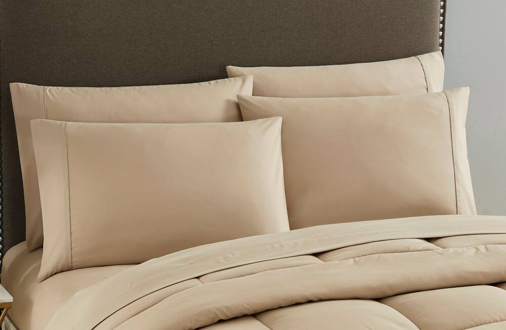 Angle. Sweet Home Collection - All Season Reversible Bed-in-A-Bag Solid Color Comforter & Sheet Set, Twin - Taupe.