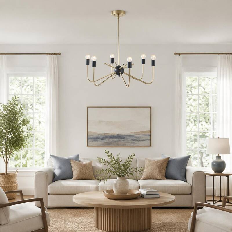 Angle. RYHNUYNE - Modern 6‑Light Metal Chandelier, Two‑Tone Sputnik Candle Style Light Fixture for Dining Room Living Room - Antique Brass+Black.