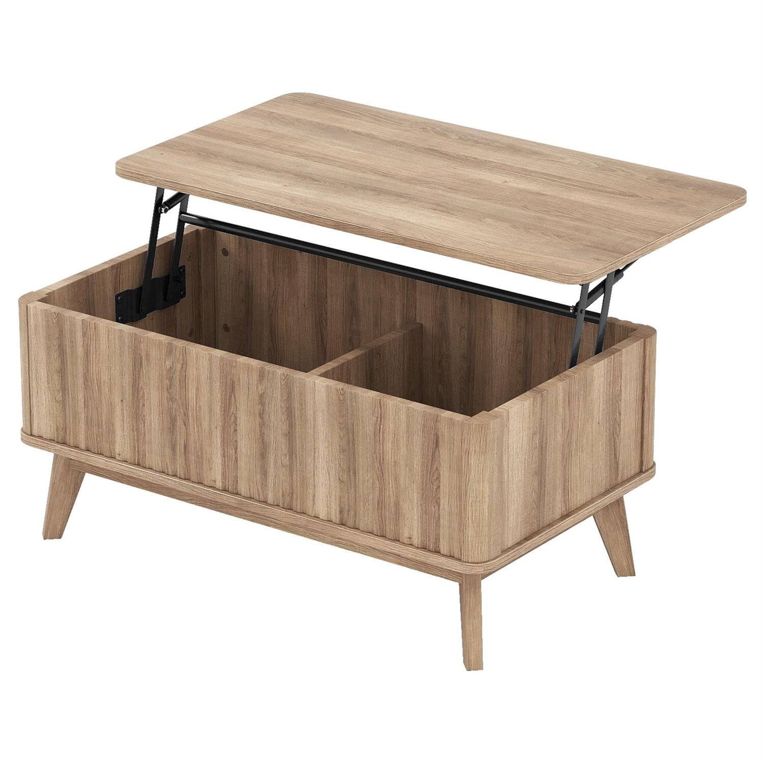 Angle. Pefilos - 35.5" Rectangle Wooden Fluted Lift Top Coffee Table, Mid-Century Lift Tabletop with Hidden Storage for Living Room - Brown.
